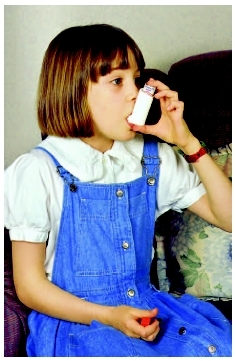 A young girl suffering from asthma uses an inhaler to assist her breathing. ( Alan Towse; Ecoscene/Corbis.)